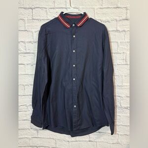Zara Man Navy Button-Up Shirt with Striped Collar, Sz Large